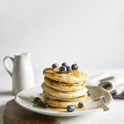 American Pancakes with Blueberries and Maple Syrup