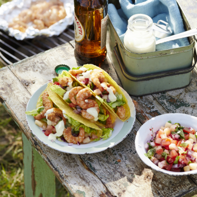 Barbecued Brazilian Prawn Tacos With Pineapple Salsa And Mango & Lime Dressing