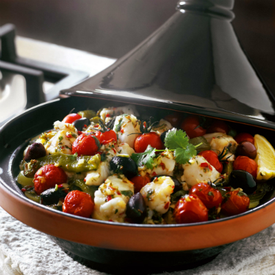 Tagine Of Fish, Potatoes, Cherry Tomatoes & Black Olives